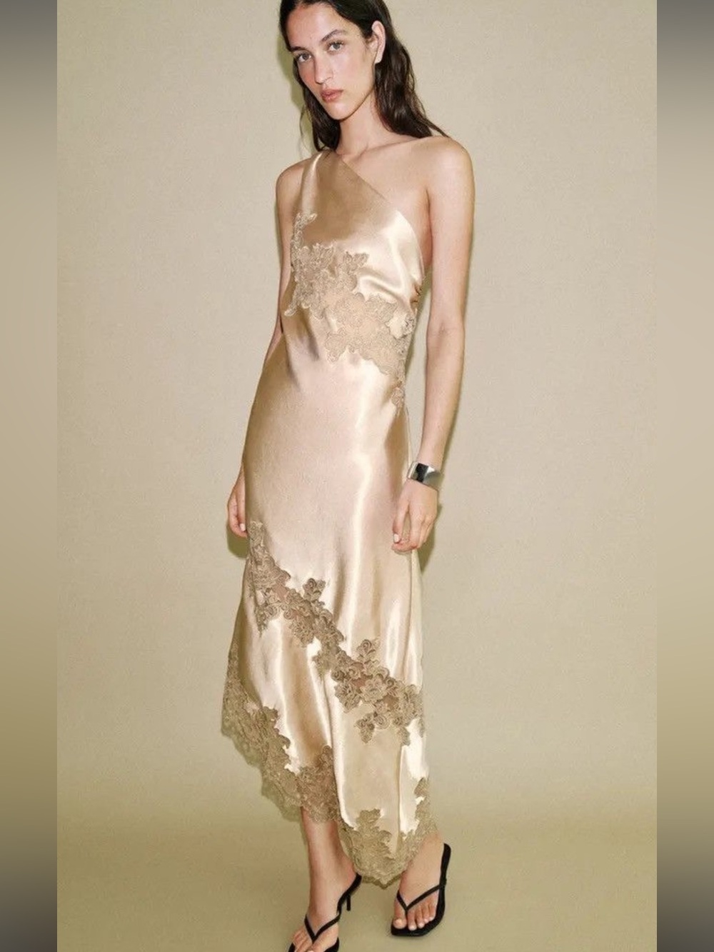 Zara One-Shoulder Satin Slip Dress in Champagne Gold